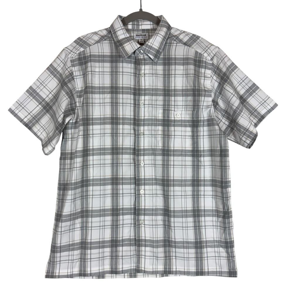 Haggar Shirt Mens Medium White Gray Plaid Short Sleeve Button Down Cool 18 Tec